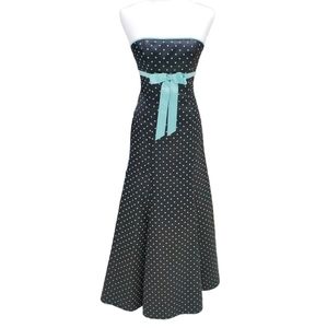 Jessica McClintock Dress woman's size 3/4 Strapless Cupped Black teal polka dot